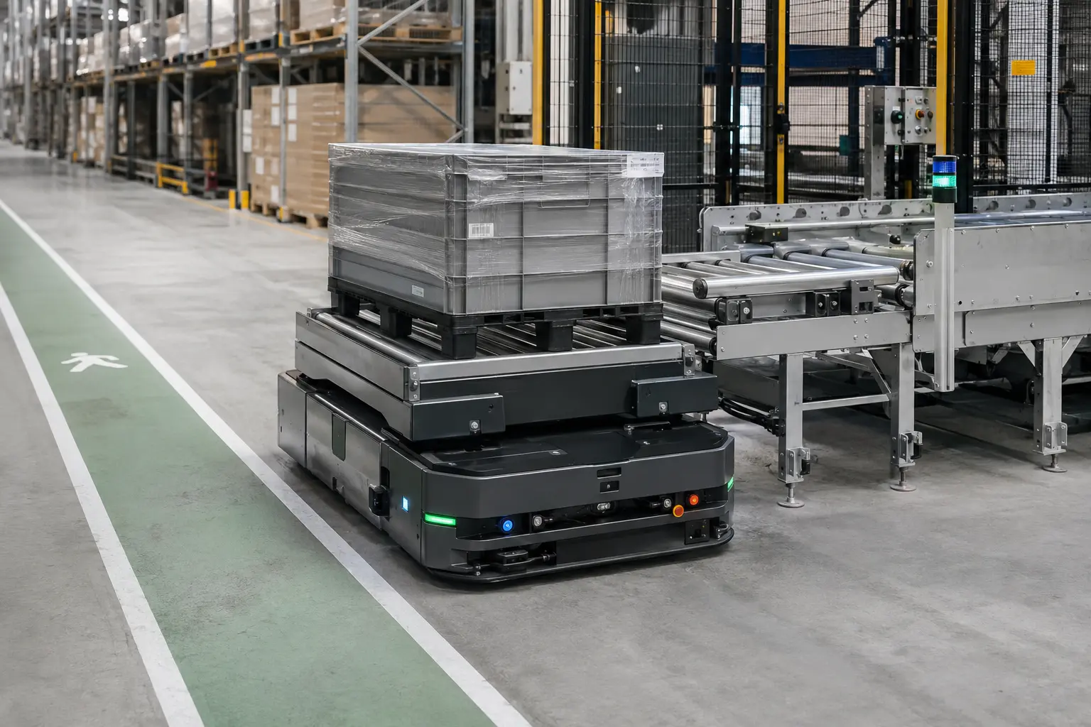 Visualización de un robot móvil autónomo conectado con una estación de transportadores