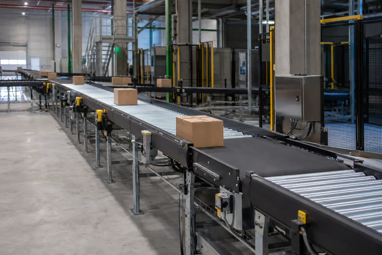 Visualización de una instalación de transportadores de rodillos y bandas para cajas