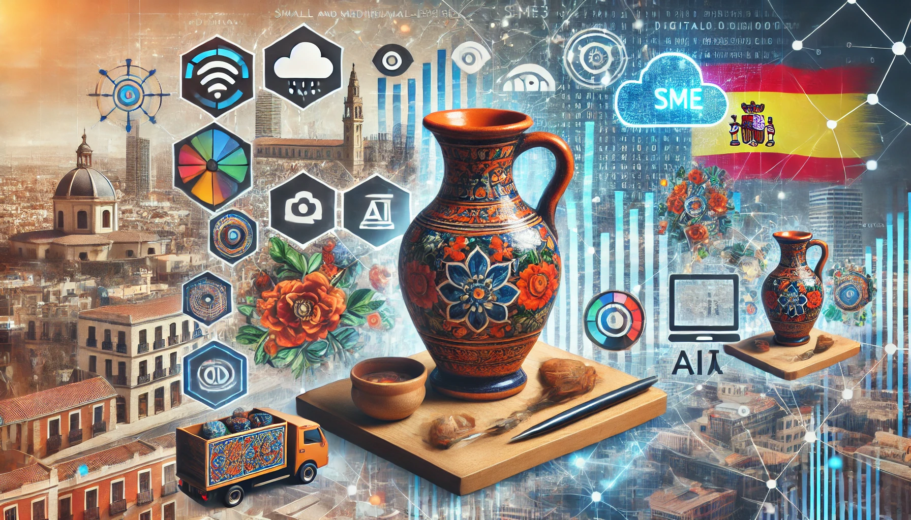 Representación del proceso de digitalización en las PYMEs en España, mostrando el uso de tecnología y transformación digital en pequeñas y medianas empresas.