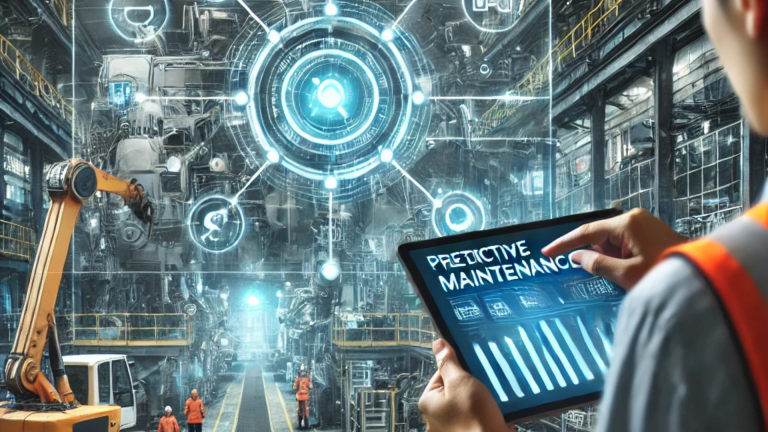 Imagen representando un entorno industrial con sistemas de automatización avanzados y monitoreo en tiempo real para mantenimiento predictivo.