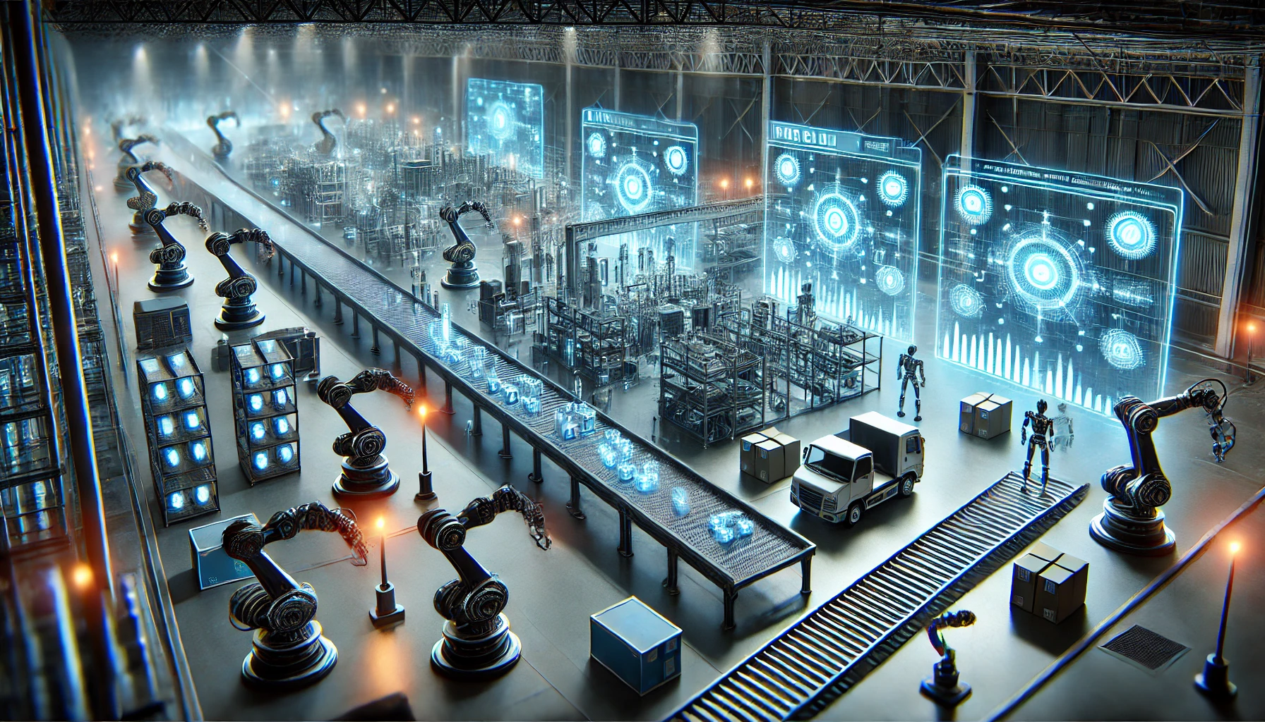 Imagen de una fábrica completamente automatizada operando en total oscuridad. Robots y sistemas de inteligencia artificial gestionan la producción sin intervención humana, reflejando el concepto de "dark factory".
