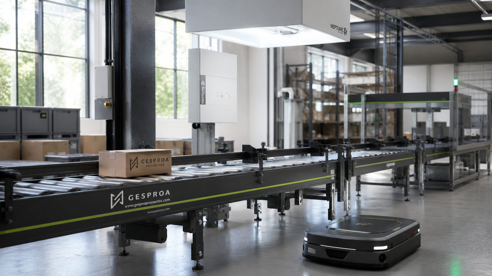 Automatización industrial con transportador, robótica móvil y sistema Neptune