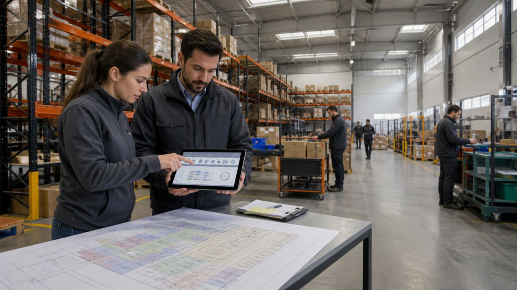 Dos profesionales revisan un plano de layout y una tablet en un almacén manual ordenado, preparando la transición hacia una operación automatizada por fases.