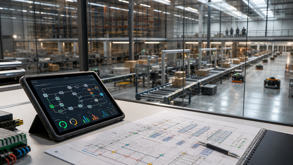 Tablet y plano de layout en una sala técnica frente a un almacén automatizado, representando la definición de reglas operativas en automatización logística.