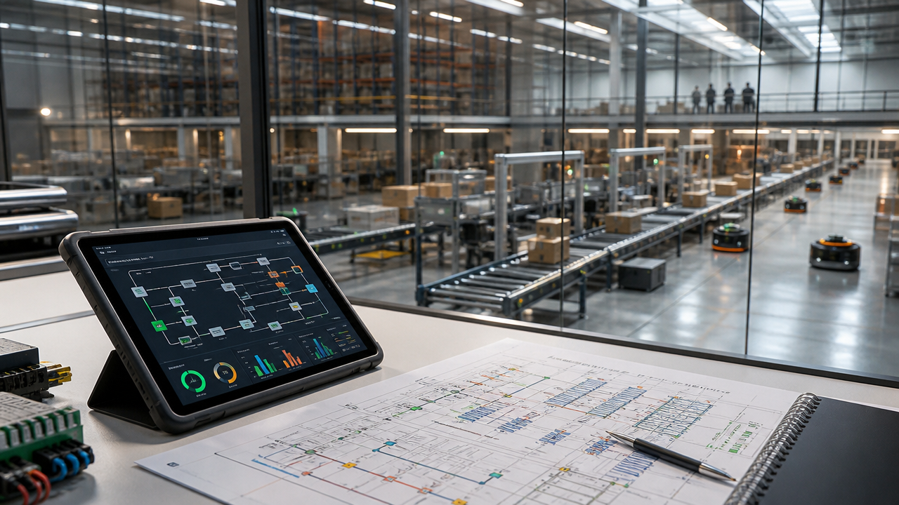 Tablet y plano de layout en una sala técnica frente a un almacén automatizado, representando la definición de reglas operativas en automatización logística.