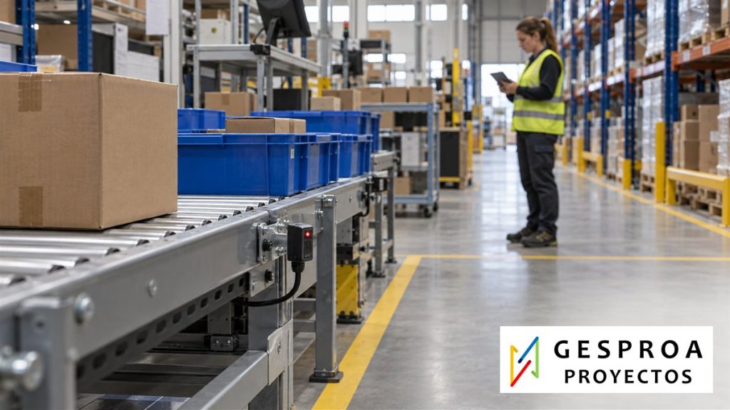 Sensor junto a un transportador de cajas y contenedores en un almacén, con una responsable de operaciones consultando una tablet. Imagen ilustrativa generada con IA.